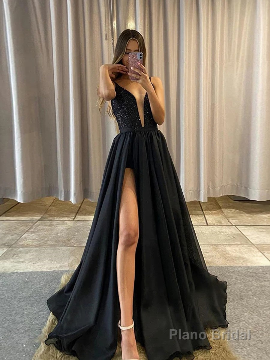 A-Line/Princess V-neck Sweep Train Sequins Prom Dresses With Leg Slit Main image