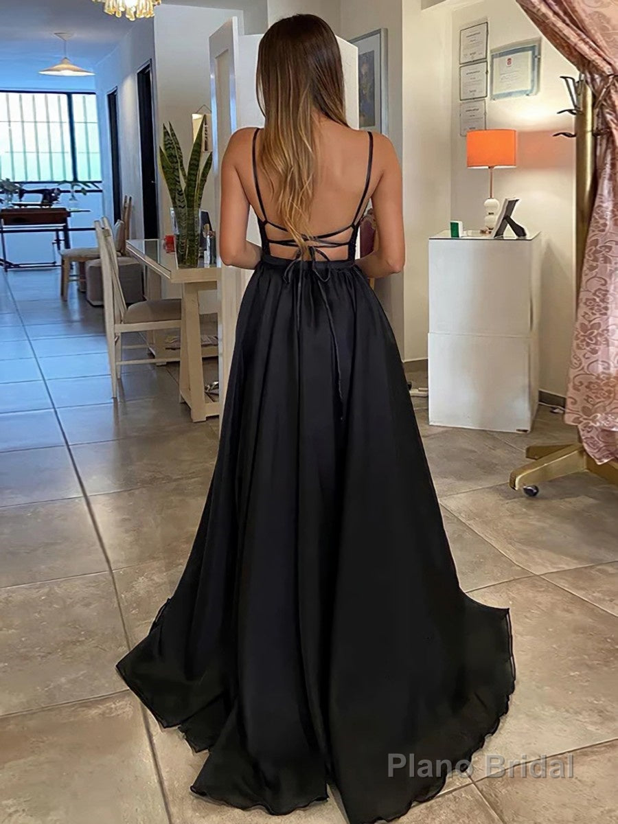 A-Line/Princess V-neck Sweep Train Sequins Prom Dresses With Leg Slit Secondary image