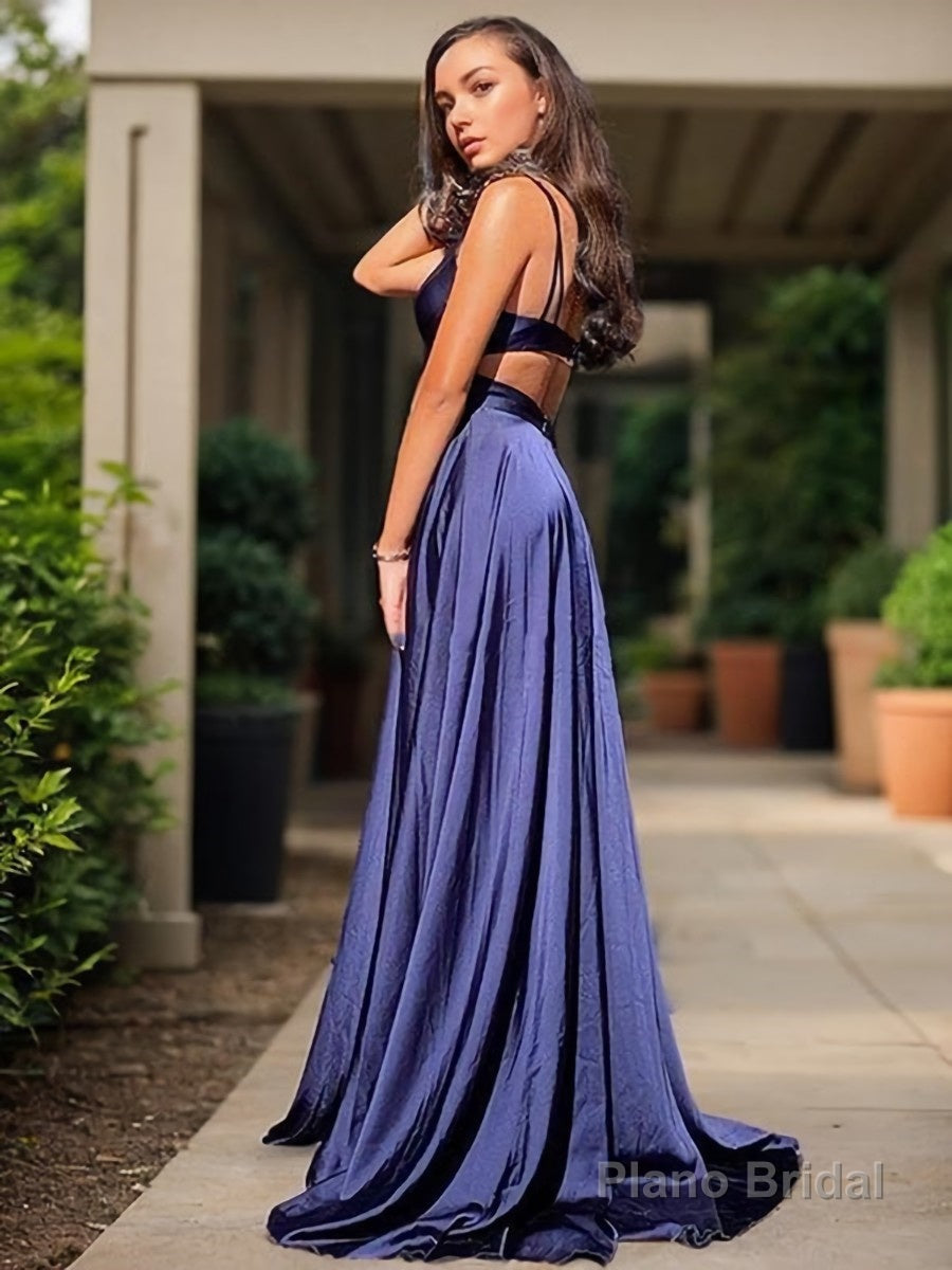 A-Line/Princess V-neck Sweep Train Silk like Satin Evening Dresses With Leg Slit Secondary image