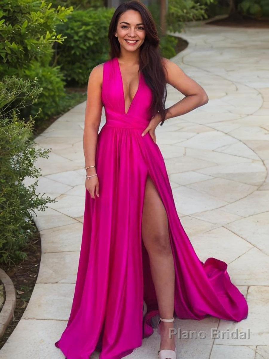 A-Line/Princess V-neck Sweep Train Silk like Satin Prom Dresses With Leg Slit Main image