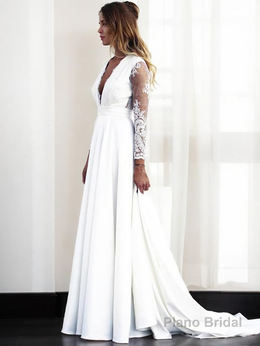 A-Line/Princess V-neck Sweep Train Stretch Crepe Wedding Dresses Main image
