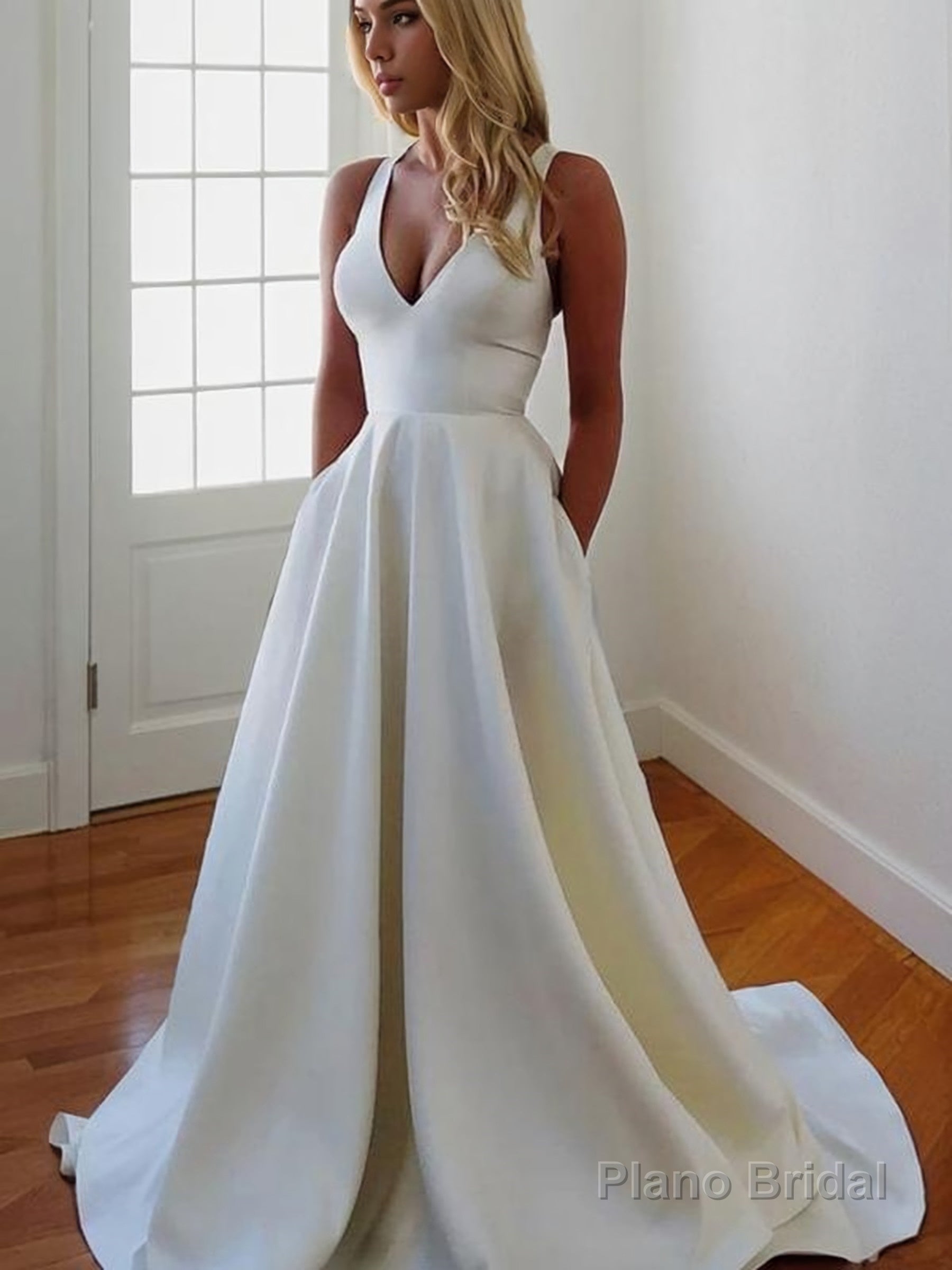 A-Line/Princess V-neck Sweep Train Stretch Crepe Wedding Dresses Main image