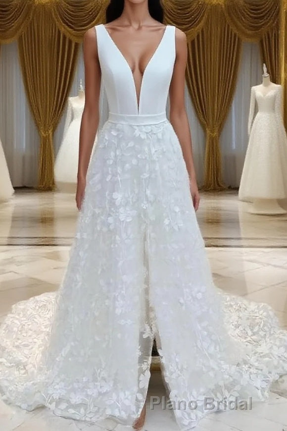 A-Line/Princess V-neck Sweep Train Stretch Crepe Wedding Dresses With Leg Slit Main image