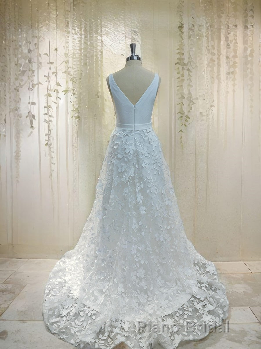A-Line/Princess V-neck Sweep Train Stretch Crepe Wedding Dresses With Leg Slit Secondary image