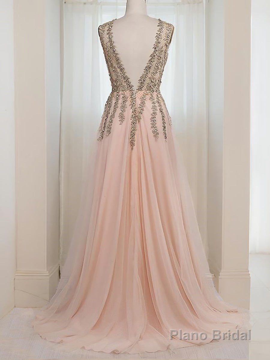 A-Line/Princess V-neck Sweep Train Tulle Evening Dresses With Leg Slit Secondary image