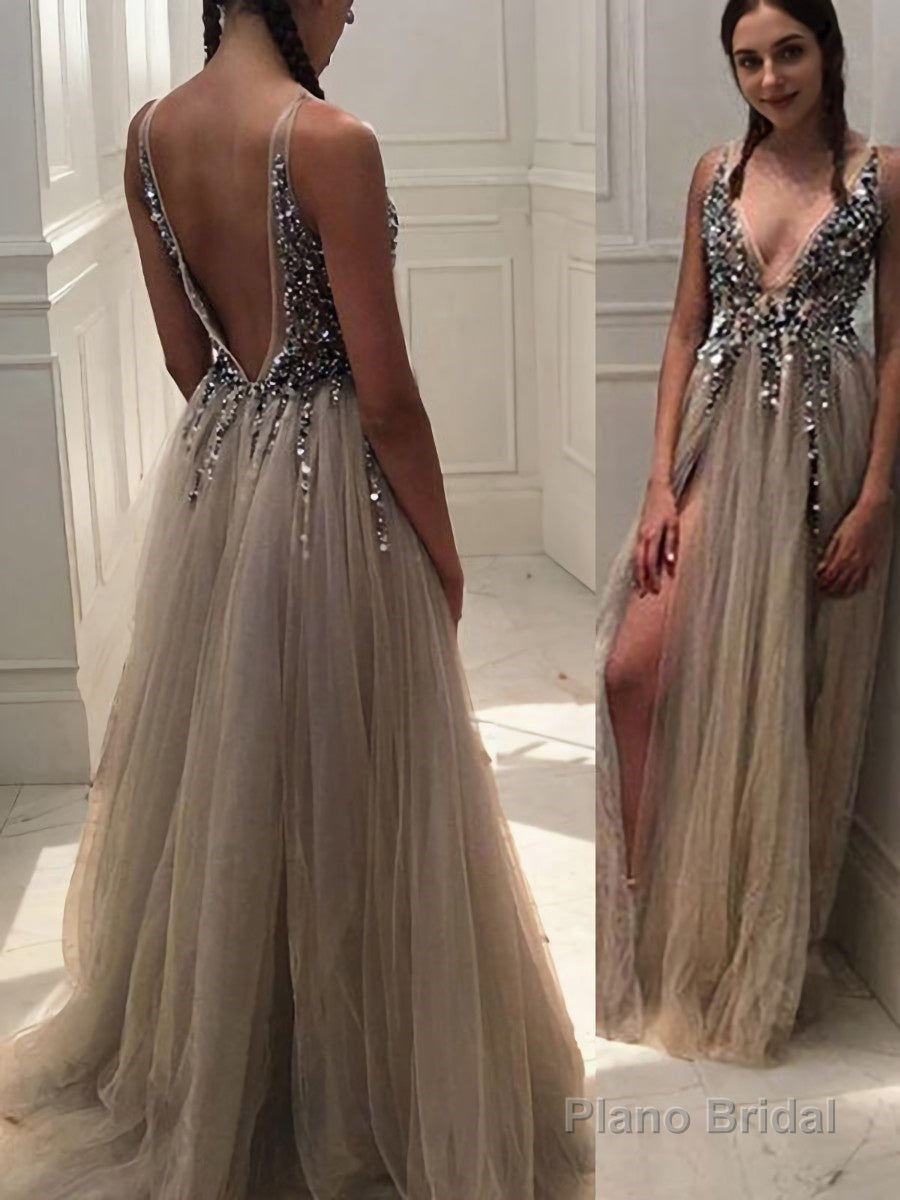 A-Line/Princess V-neck Sweep Train Tulle Evening Dresses With Rhinestone Main image