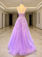 A-Line/Princess V-neck Sweep Train Tulle Formal Prom Dresses With Appliques Lace