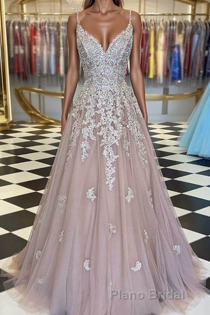 A-Line/Princess V-neck Sweep Train Tulle Formal Prom Dresses With Appliques Lace