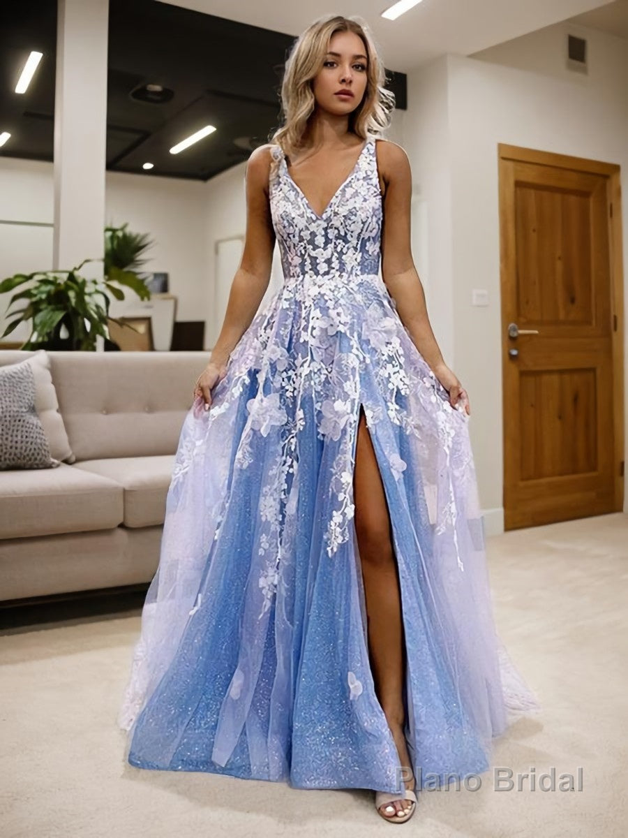 A-Line/Princess V-neck Sweep Train Tulle Prom Dresses With Leg Slit Main image