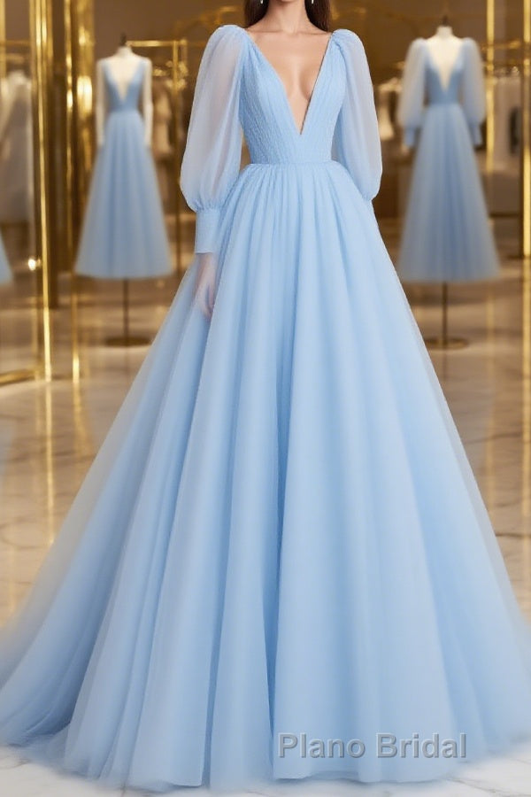 A-Line/Princess V-neck Sweep Train Tulle Formal Prom Dresses With Ruffles Main image