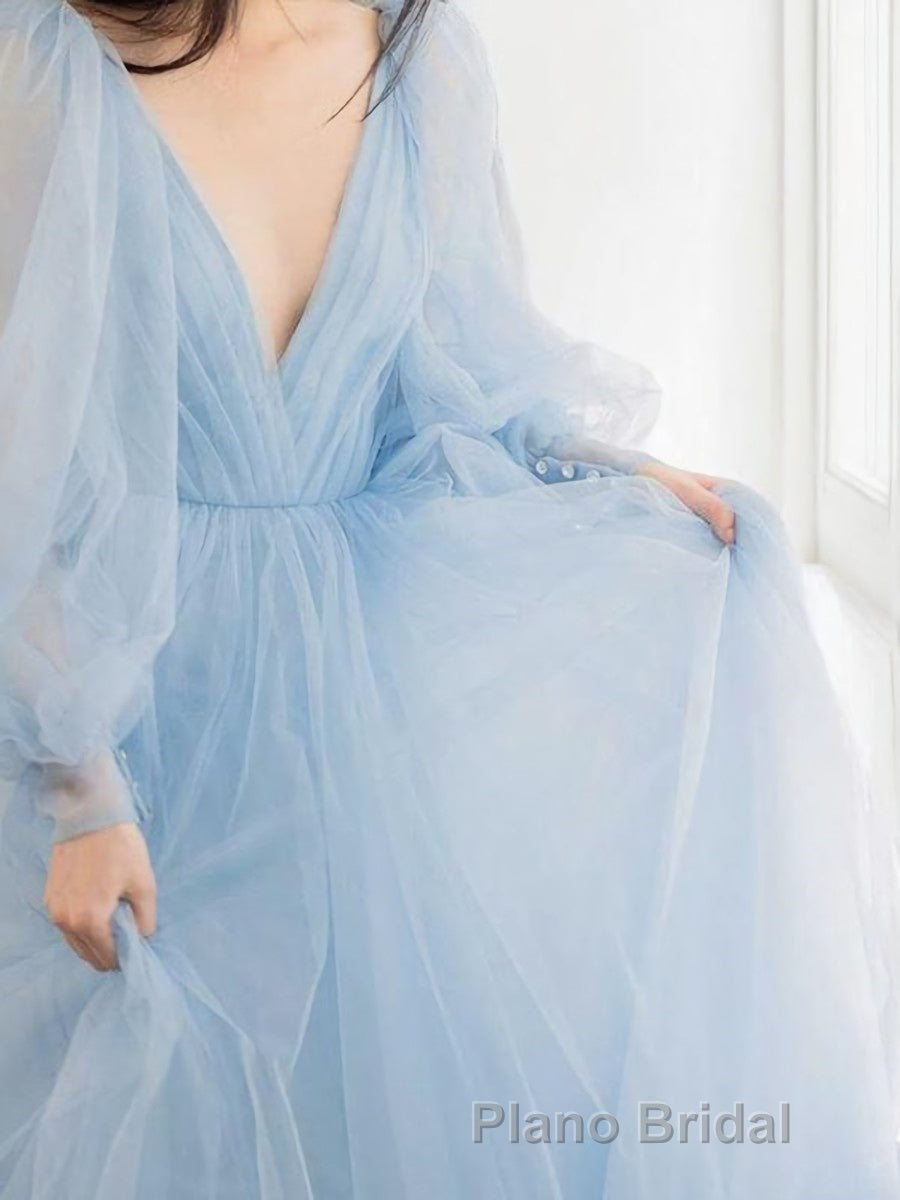A-Line/Princess V-neck Sweep Train Tulle Formal Prom Dresses With Ruffles Secondary image
