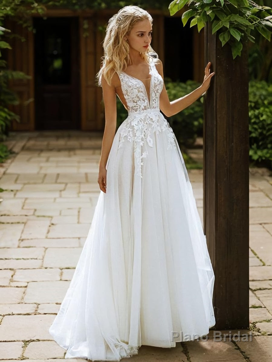 A-Line/Princess V-neck Sweep Train Tulle Wedding Dresses Main image