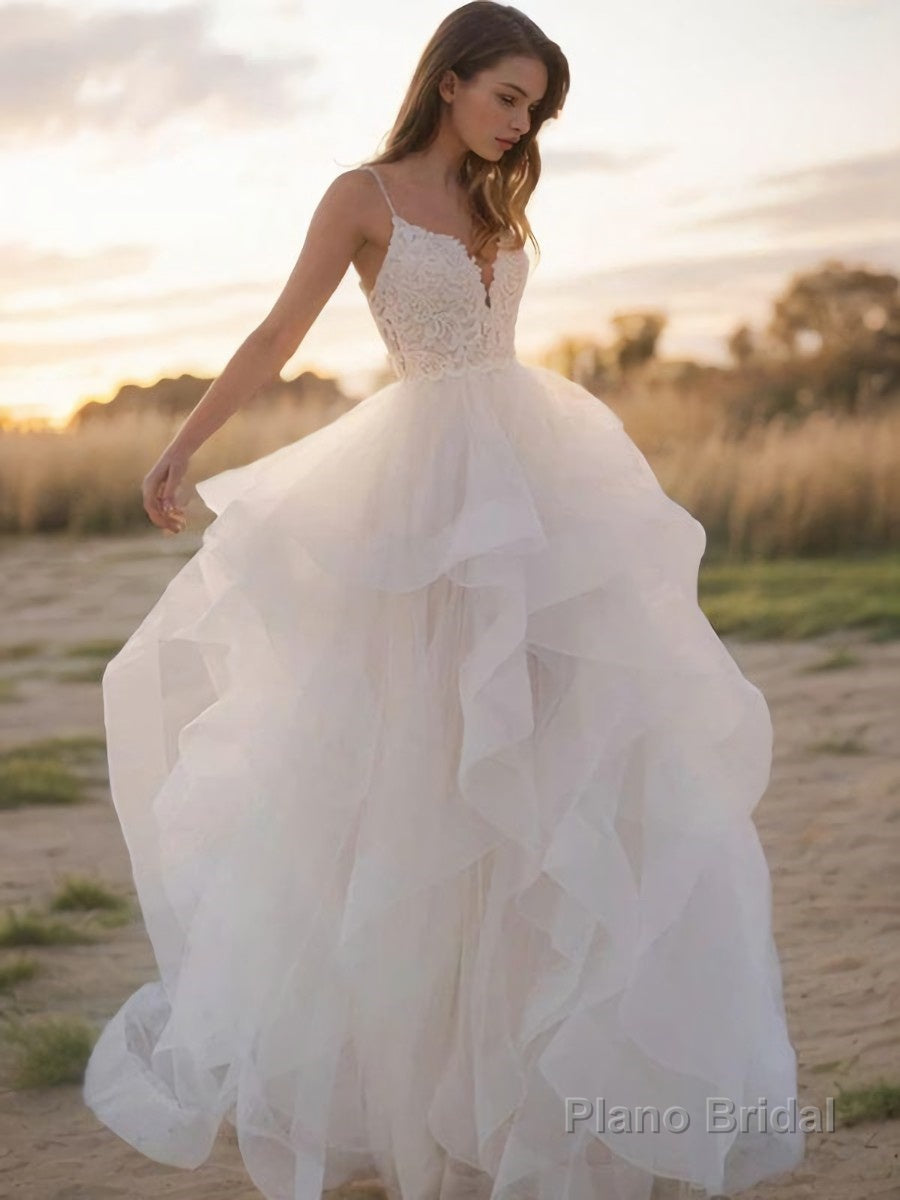 A-Line/Princess V-neck Sweep Train Tulle Wedding Dresses Main image
