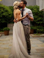 A-Line/Princess V-neck Sweep Train Tulle Wedding Dresses With Appliques Lace