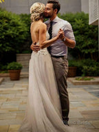 A-Line/Princess V-neck Sweep Train Tulle Wedding Dresses With Appliques Lace