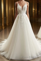 A-Line/Princess V-neck Sweep Train Tulle Wedding Dresses With Appliques Lace