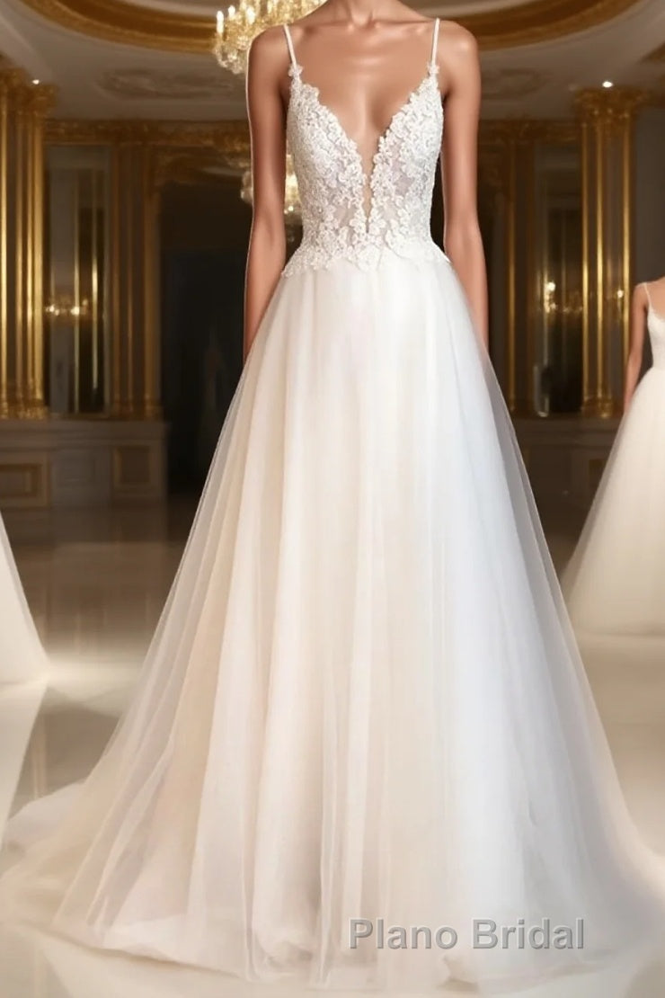 A-Line/Princess V-neck Sweep Train Tulle Wedding Dresses With Appliques Lace Main image