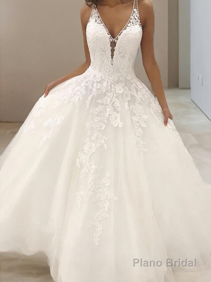 A-Line/Princess V-neck Sweep Train Tulle Wedding Dresses With Appliques Lace Main image