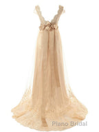 A-Line/Princess V-neck Sweep Train Tulle Wedding Dresses With Beading