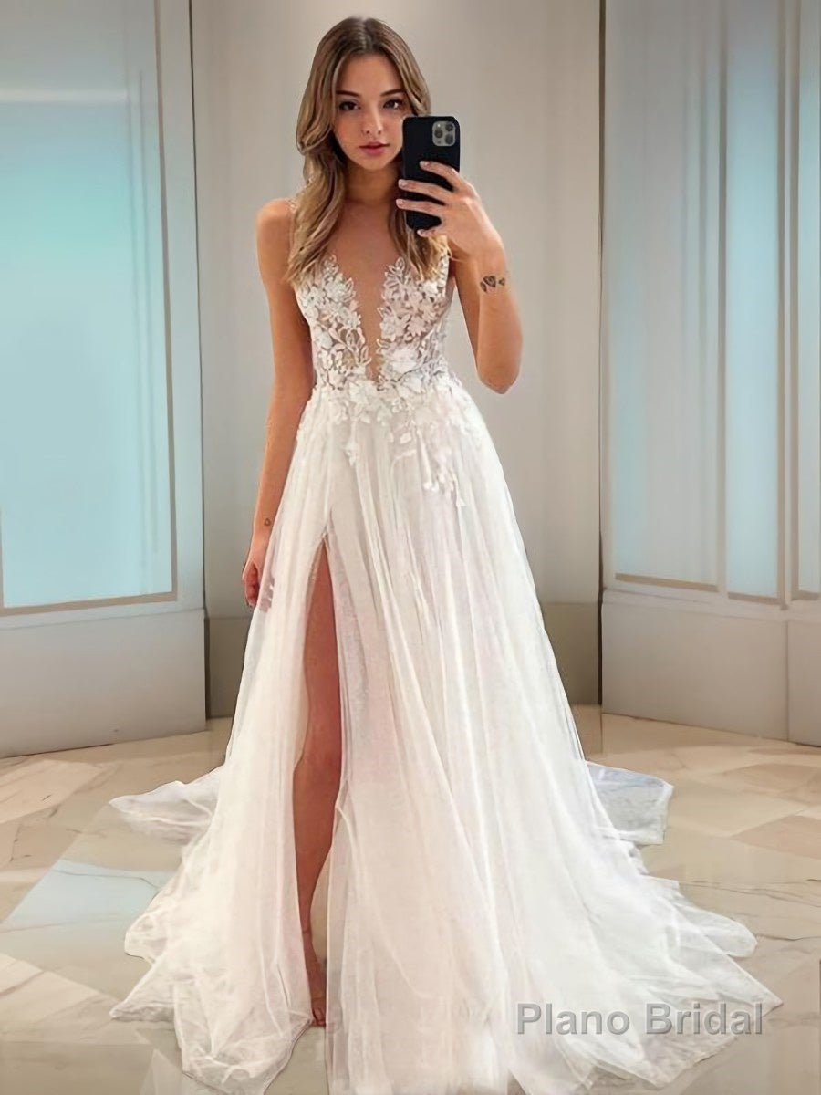 A-Line/Princess V-neck Sweep Train Tulle Wedding Dresses With Leg Slit Main image