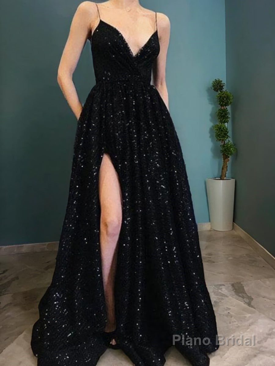 A-Line/Princess V-neck Sweep Train Velvet Sequins Prom Dresses With Leg Slit Main image