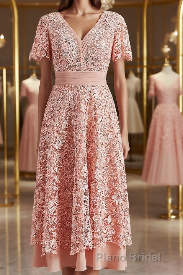 A-Line/Princess V-neck Tea-Length Chiffon Mother of the Bride Dresses With Appliques Lace Main image