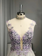 A-Line/Princess V-Neck Tulle Applique Sleeveless Floor-Length Formal Prom Dresses