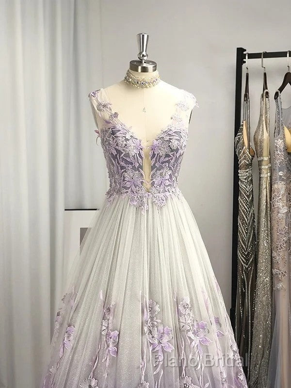 A-Line/Princess V-Neck Tulle Applique Sleeveless Floor-Length Formal Prom Dresses
