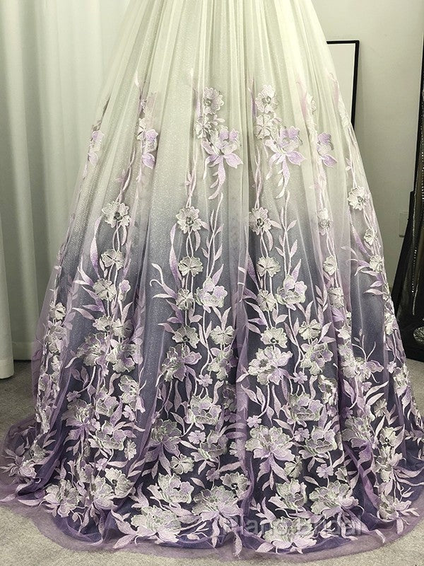 A-Line/Princess V-Neck Tulle Applique Sleeveless Floor-Length Formal Prom Dresses