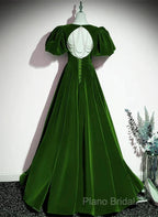 A-Line Princess Velvet Backless Ballgown Long Party Dresses Short Sleeves Formal Dresses Formal Prom Dresses