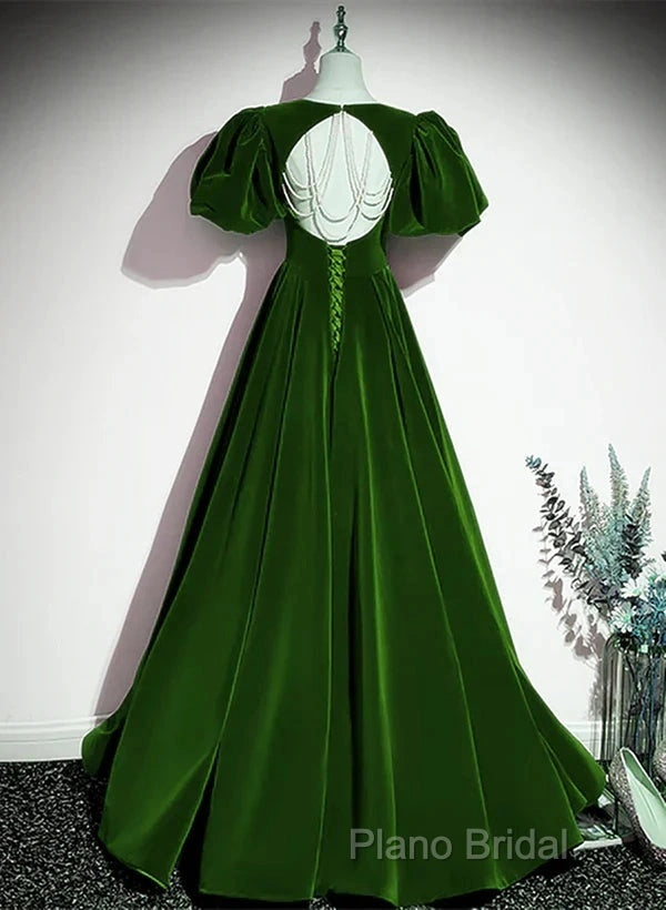 A-Line Princess Velvet Backless Ballgown Long Party Dresses Short Sleeves Formal Dresses Formal Prom Dresses