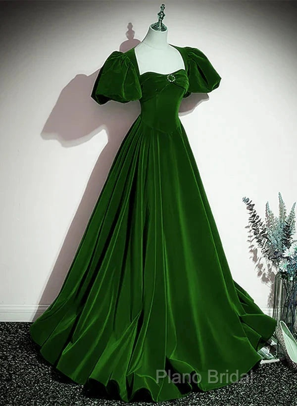 A-Line Princess Velvet Backless Ballgown Long Party Dresses Short Sleeves Formal Dresses Formal Prom Dresses