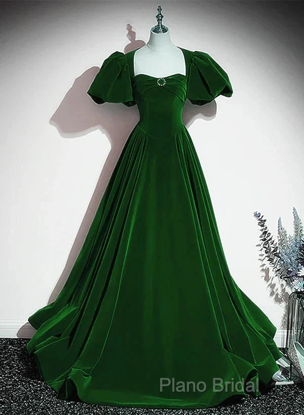 A-Line Princess Velvet Backless Ballgown Long Party Dresses Short Sleeves Formal Dresses Formal Prom Dresses