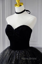 A-Line Formal Prom Dresses Black Dresses Dresses Formal Birthday Floor Length Sleeveless Strapless Tulle With Ruched Sequin