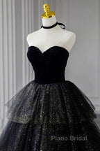 A-Line Formal Prom Dresses Black Dresses Dresses Formal Birthday Floor Length Sleeveless Strapless Tulle With Ruched Sequin