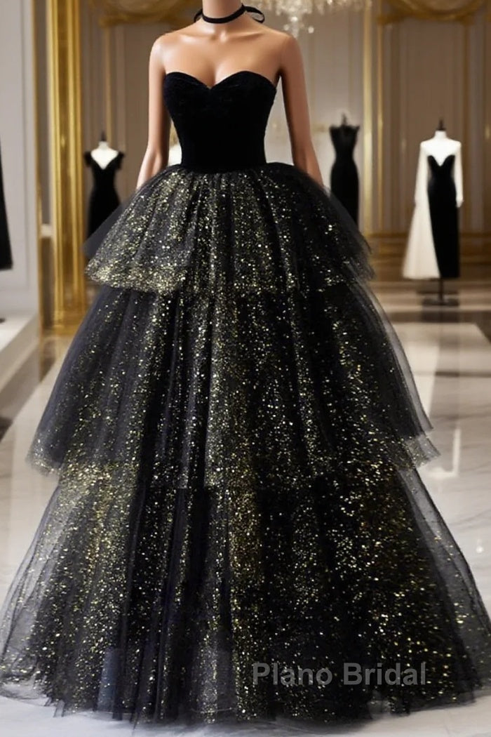 A-Line Formal Prom Dresses Black Dresses Dresses Formal Birthday Floor Length Sleeveless Strapless Tulle With Ruched Sequin Main image