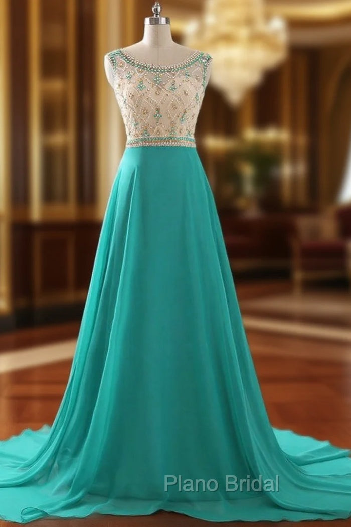 A Line Formal Prom Dresses Chiffon Evening Dresses Illusion Sparkly Beading Bodice Formal Prom Dresses Main image