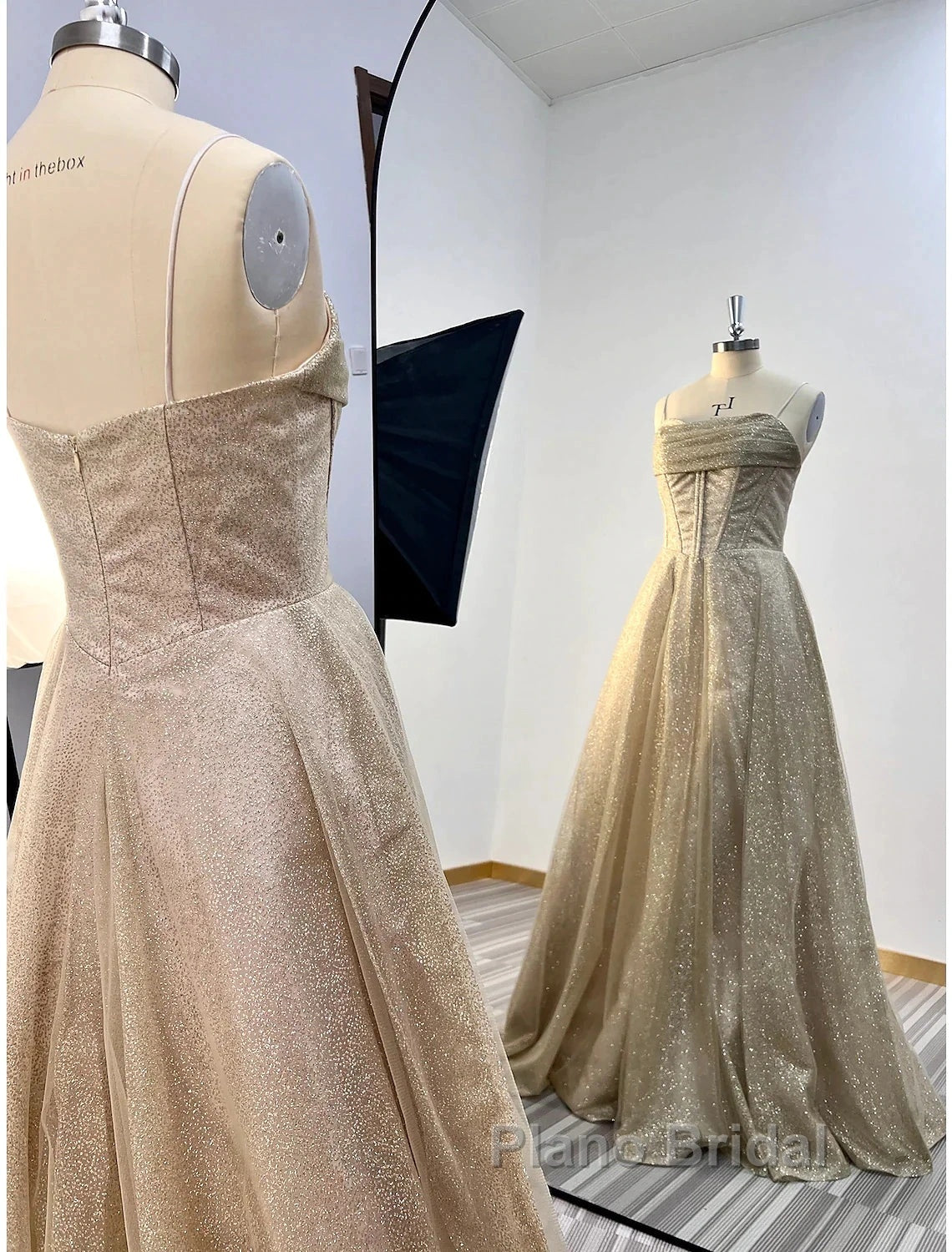 A-Line Formal Prom Dresses Corsets Dresses Wedding Party Sweep / Brush Train Sleeveless Spaghetti Strap Tulle With Glitter Pleats Secondary image