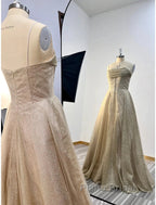 A-Line Formal Prom Dresses Corsets Dresses Wedding Party Sweep / Brush Train Sleeveless Spaghetti Strap Tulle With Glitter Pleats