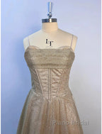 A-Line Formal Prom Dresses Corsets Dresses Wedding Party Sweep / Brush Train Sleeveless Spaghetti Strap Tulle With Glitter Pleats