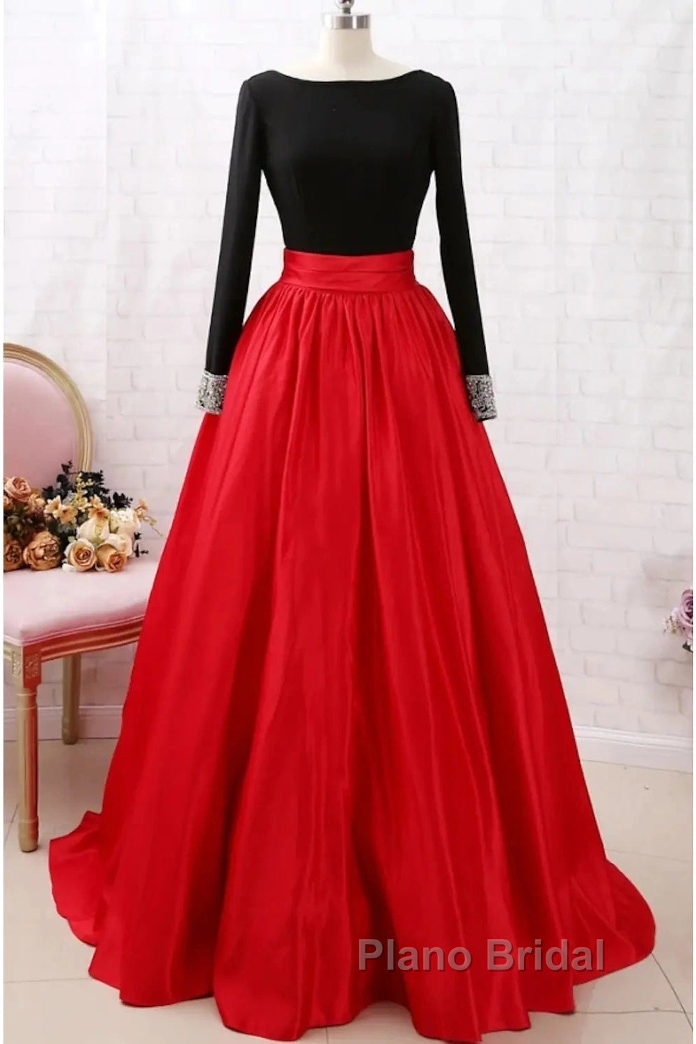 A-Line Formal Prom Dresses Dresses Party Wear Long Sleeve Satin With Pleats Secondary image