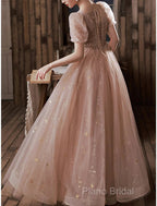 A-Line Formal Prom Dresses Elegant Dresses Engagement Formal Prom Floor Length Half Sleeve Square Neck Satin With Appliques