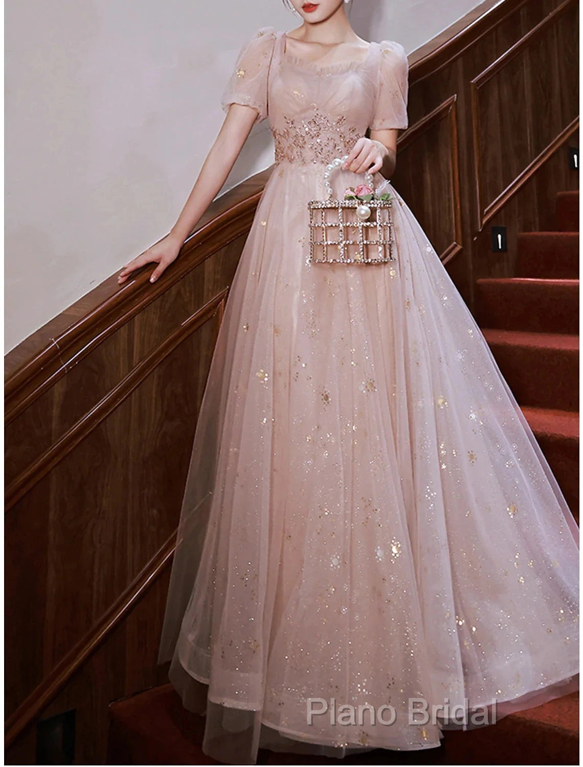 A-Line Formal Prom Dresses Elegant Dresses Engagement Formal Prom Floor Length Half Sleeve Square Neck Satin With Appliques