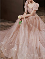 A-Line Formal Prom Dresses Elegant Dresses Engagement Formal Prom Floor Length Half Sleeve Square Neck Satin With Appliques