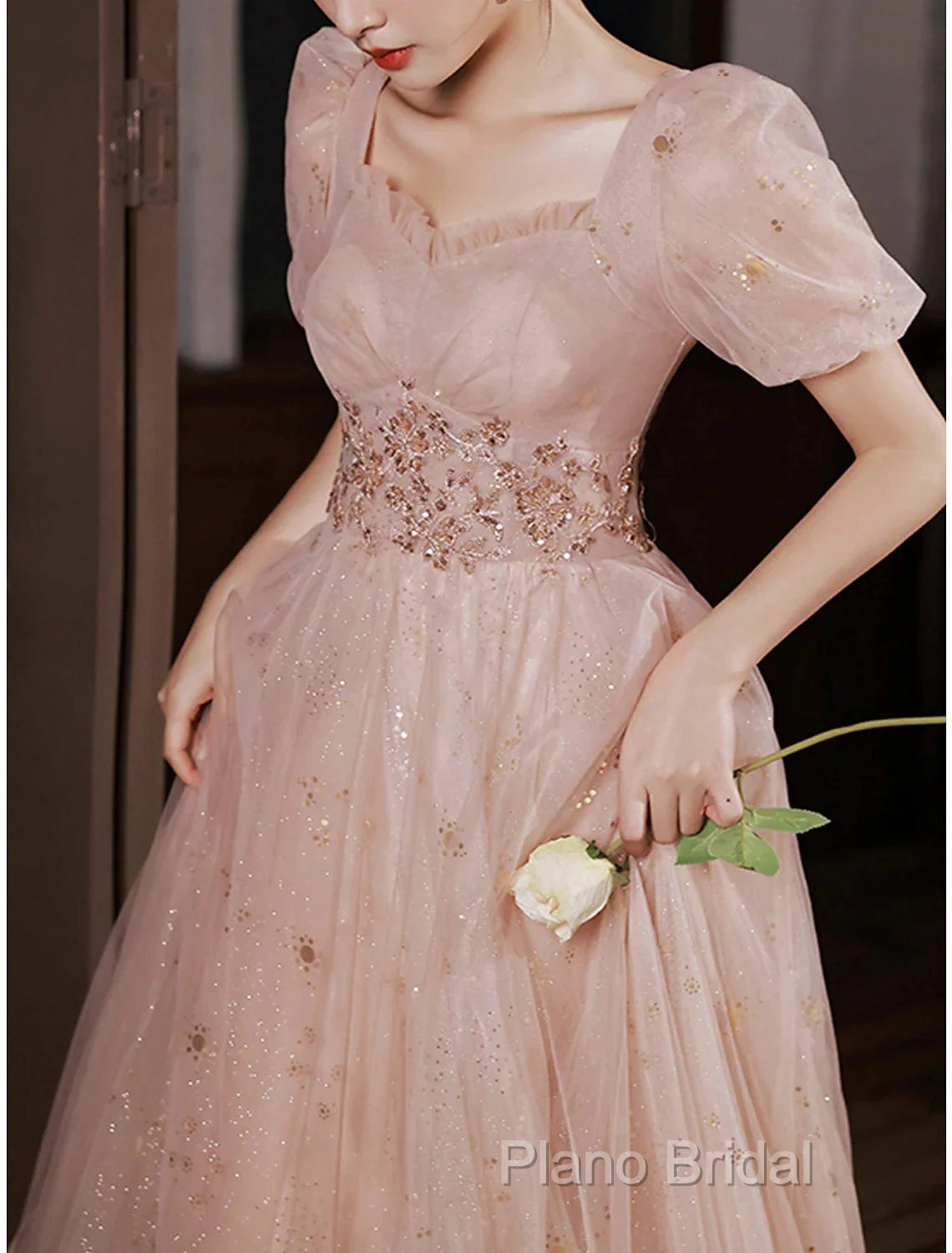 A-Line Formal Prom Dresses Elegant Dresses Engagement Formal Prom Floor Length Half Sleeve Square Neck Satin With Appliques