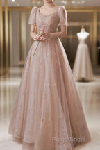 A-Line Formal Prom Dresses Elegant Dresses Engagement Formal Prom Floor Length Half Sleeve Square Neck Satin With Appliques