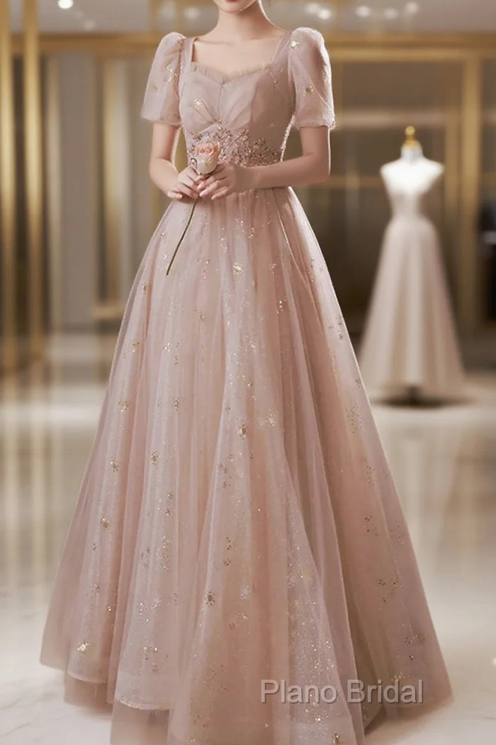 A-Line Formal Prom Dresses Elegant Dresses Engagement Formal Prom Floor Length Half Sleeve Square Neck Satin With Appliques