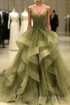A-Line Formal Prom Dresses Elegant Dresses Formal Court Train Christmas Red Green Dresses Sleeveless Spaghetti Strap Tulle With Pleats Ruffles