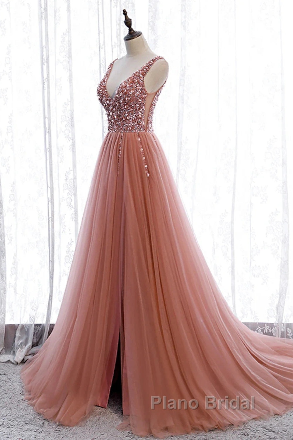 A-Line Formal Prom Dresses Elegant Dresses Party Wear Court Train Sleeveless V Neck Polyester With Pearls Embroidery