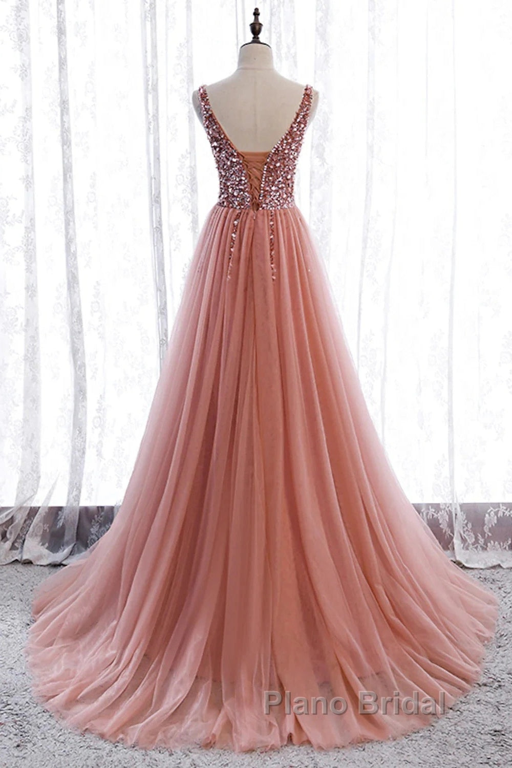A-Line Formal Prom Dresses Elegant Dresses Party Wear Court Train Sleeveless V Neck Polyester With Pearls Embroidery